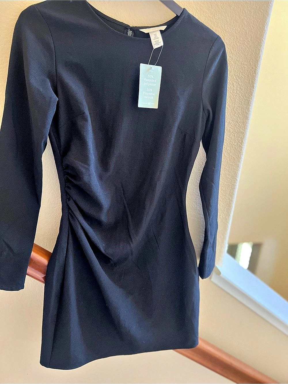 H&M Ruched Minimalist Long Sleeve Mini Dress in Black Size Small NWT